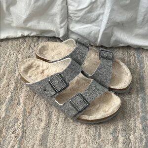 Birkenstock Gray Shearling Buckle Sandals